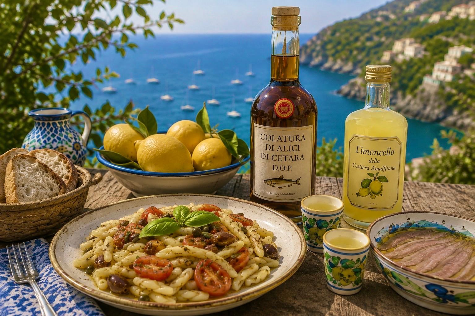 Tavola con pasta alla colatura di alici di Cetara, limoni di Amalfi e limoncello, con il mare sullo sfondo